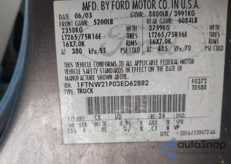 2003 Ford F-250 Lariat/Xl/Xlt from USA, damaged, VIN 1FTNW21P03ED62882